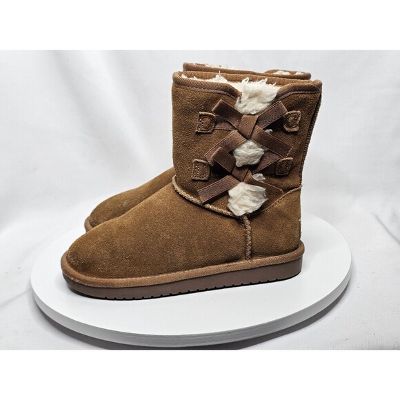 Koolaburra by UGG Victoria Short Chestnut Leather Suede Boots Youth Girls Sz 1 - Picture 1 of 7